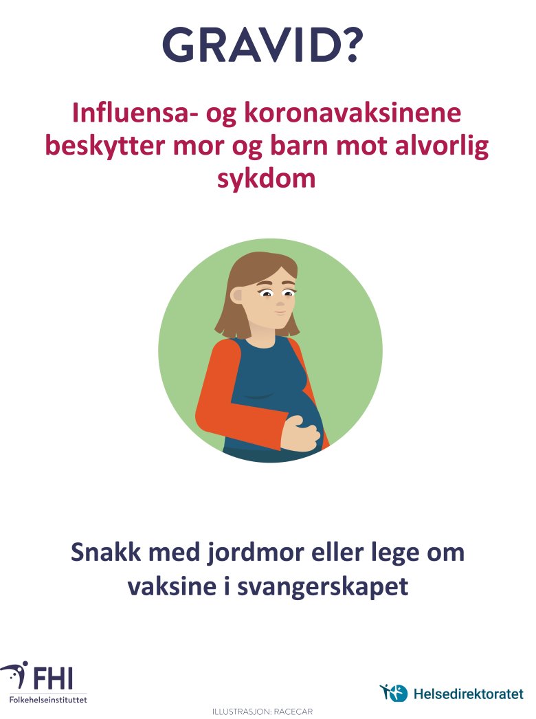 Plakat -  influensa- og koronavaksinene beskytter mor og barn mot alvorlig sykdom